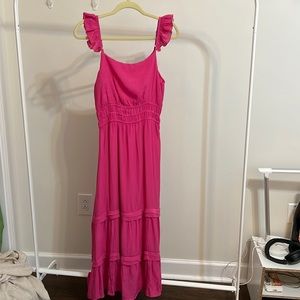 Hot Pink Ruffle Sleeve Midi Dress